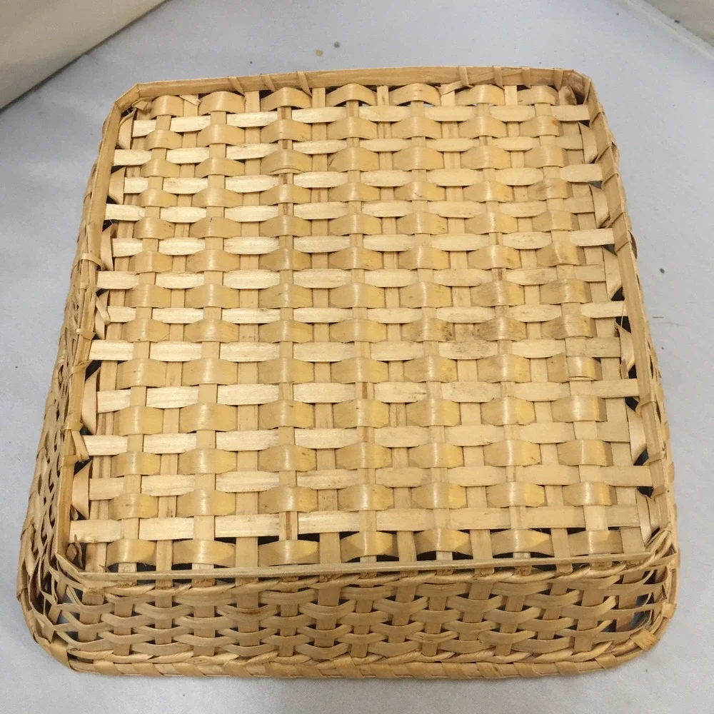 Woven Wood Splint Basket Unisex 8.5in Tan Square Rustic Storage Cottagecore
